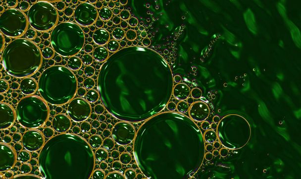 A bubbles in water abstract extreme closeup macro in green with a gold lattice - Foto, afbeelding
