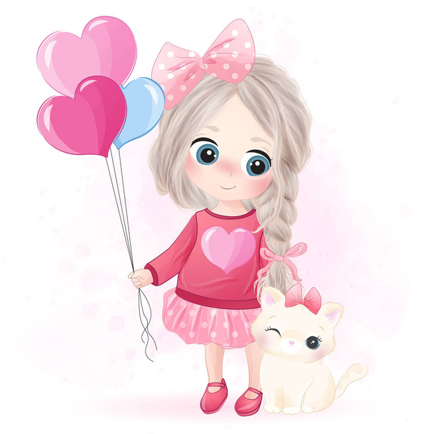 Χαριτωμένο κοριτσάκι κρατώντας ένα μπαλόνι με γατούλα - Διάνυσμα, εικόνα