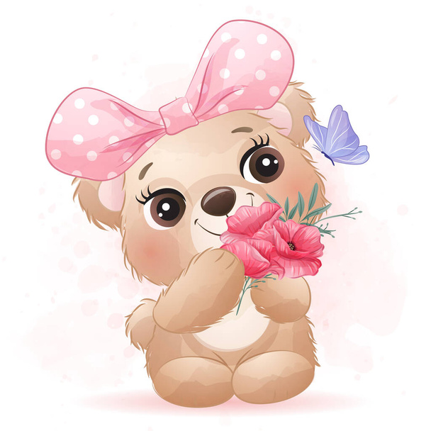 Cute little bear with watercolor illustration - Vector, Image