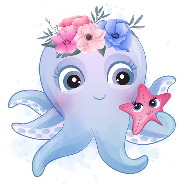 Leuke kleine octopus met aquarelillustratie - Vector, afbeelding