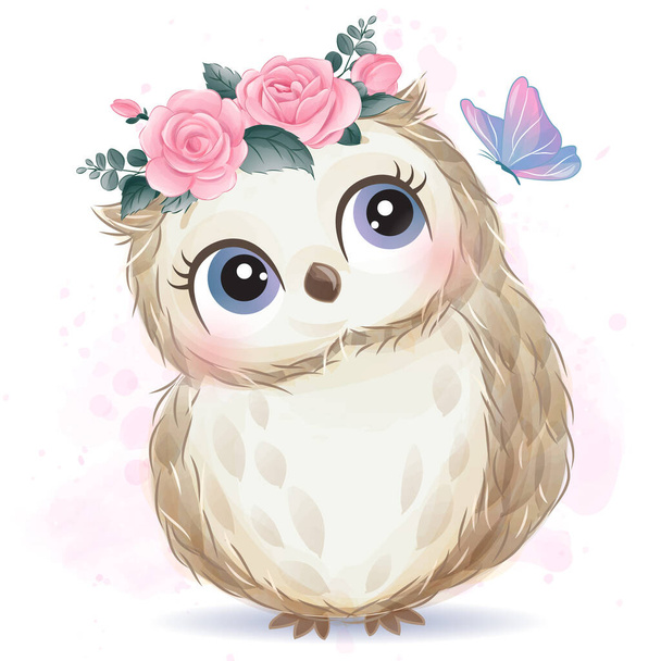 Cute little owl with watercolor illustration - Vector, Image