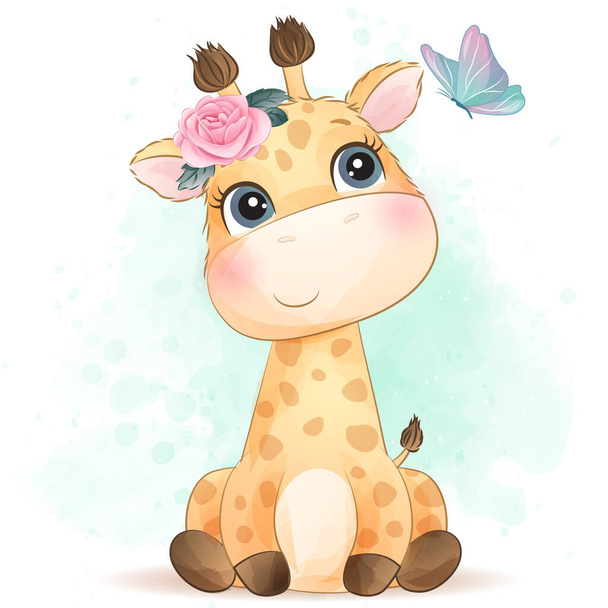 Cute little giraffe with watercolor illustration - Vector, Image