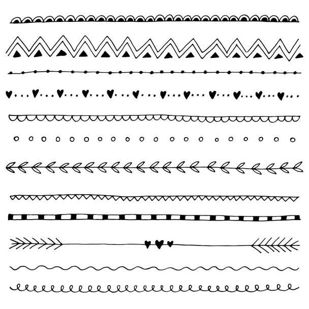 Sammlung handgezeichneter Linienbänder, Set von floralen Ornamenten und Wellen. Vektorillustration. - Vektor, Bild