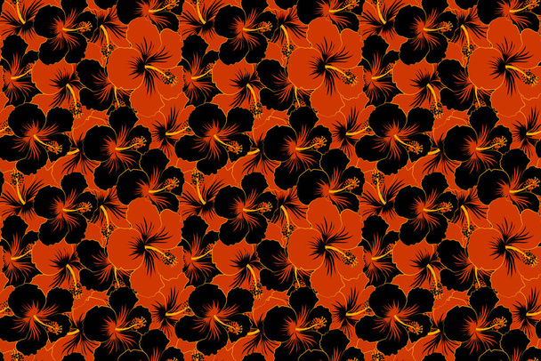 Tropical seamless pattern with many black and orange hibiscus flowers. Black and orange seamless pattern. - Photo, image