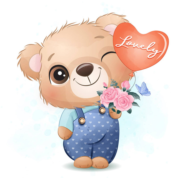 Aranyos kis medve kezében egy rózsa és lufi illusztráció - Vektor, kép