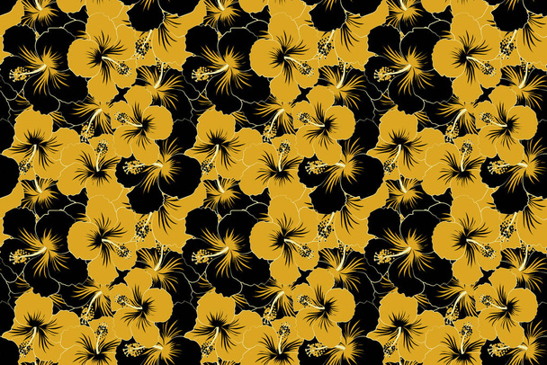 Schwarz-gelbes Ornament aus einfachen Hibiskusblüten, abstraktes, nahtloses Muster für Design und Textilien. - Foto, Bild