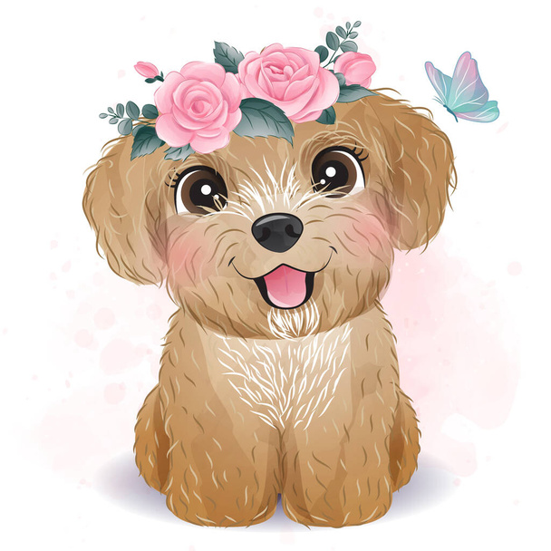 Schattige kleine poedel met bloemen illustratie - Vector, afbeelding