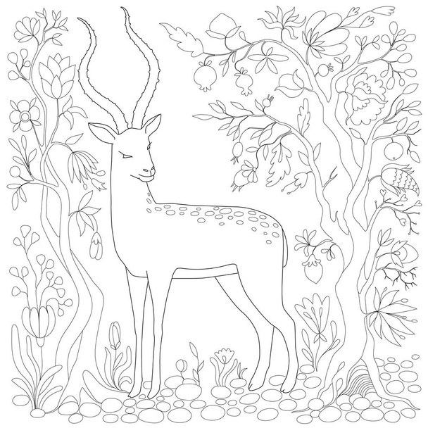 Página para colorear. Colorear. Libro para colorear antiestrés para adultos. bosquejo de cabra dibujado a mano con árboles, fondo floral
 - Vector, imagen