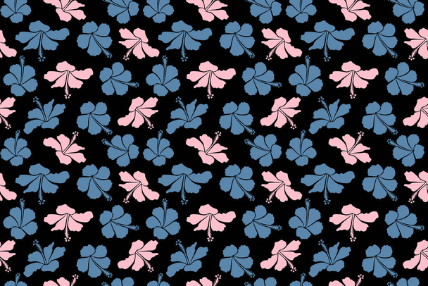 シームレスな熱帯の花、ハイビスカスのパターン。黒を基調としたニュートラル、ブルー、ベージュのイラスト. - 写真・画像