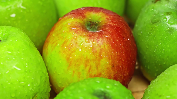 Foco seletivo de baixas de água que cai em maçãs na superfície
 - Filmagem, Vídeo