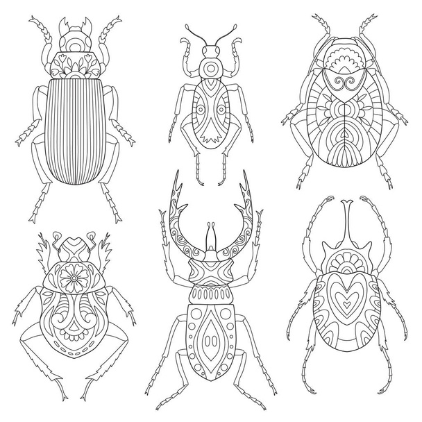 Χρωματισμός σελίδας. Βιβλίο ζωγραφικής μυρμηγκιών για ενήλικες σκαθάρια σετ - Διάνυσμα, εικόνα