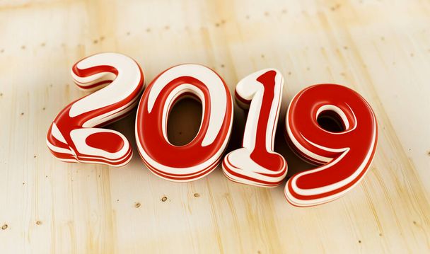 New year 2019 celebration. colorful inked numeral 2019 on wood background. New Year's Eve, concept image - 3d rendering - Illustration  - Photo, Image