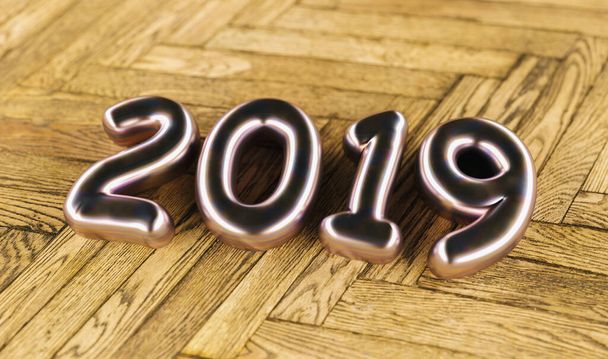 New year 2019 celebration. Silver Purple metallic numeral 2019on a old wooden floor background. New Year's Eve, concept image - 3d rendering - Illustration - Photo, Image