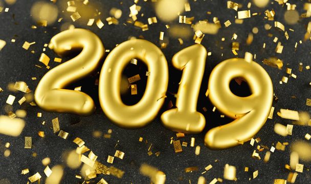 Silvesterfeier 2019. Goldfolien-Luftballons mit der Ziffer 2019 und Konfetti auf schwarzem Hintergrund. 3D-Darstellung - Illustration  - Foto, Bild