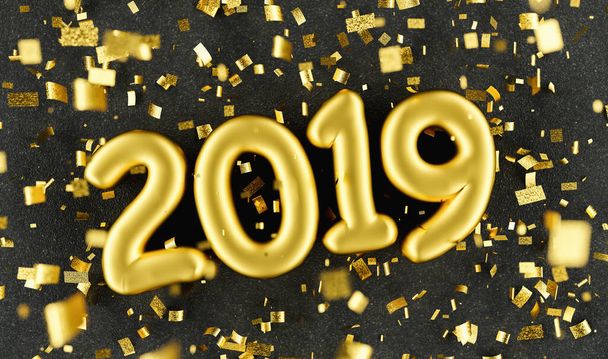Święto Nowego Roku 2019. Złote balony foliowe cyfra 2019 i konfetti na czarnym, luksusowym tle. Sylwester, obraz koncepcyjny - renderowanie 3D - Ilustracja  - Zdjęcie, obraz