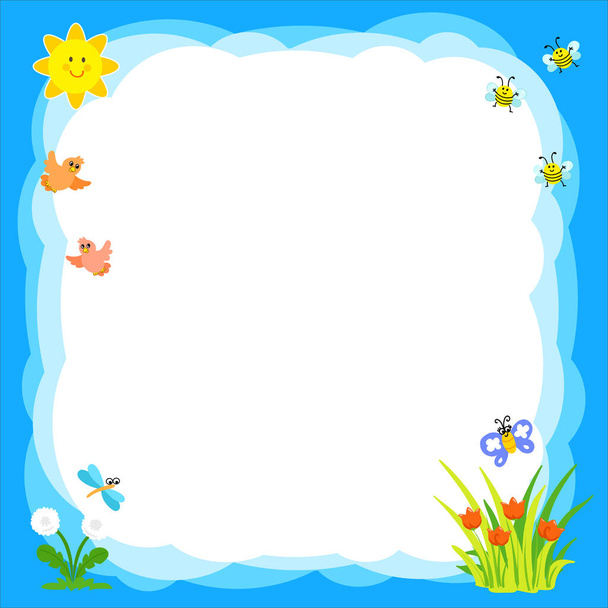 Cartoon baby sky background with cute insects, flowers and birds. Vector illustration - Vektör, Görsel