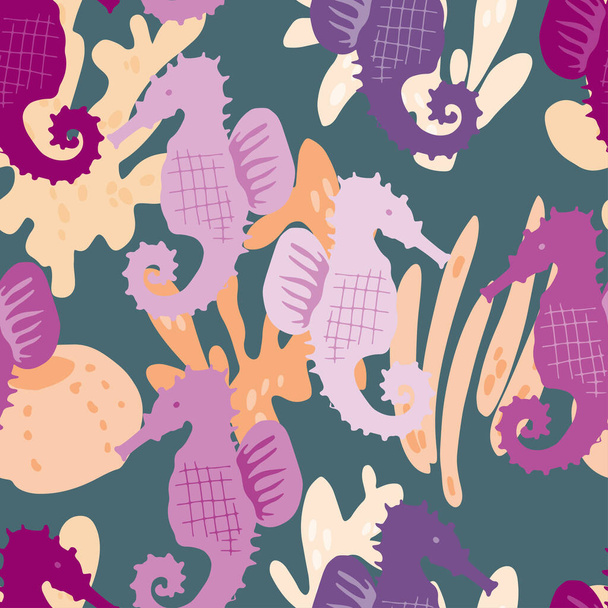 Hand drawn vector seamless tile pattern of cute corals, seashells, seahorse. Simple sweet kids nursery art Scandinavian style. Graphic design for apparel. - Vetor, Imagem