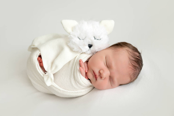 makea vastasyntynyt vauva, jolla on lelu kissa valkoisella taustalla, kapaloi vauva, paikka tekstille. - Valokuva, kuva