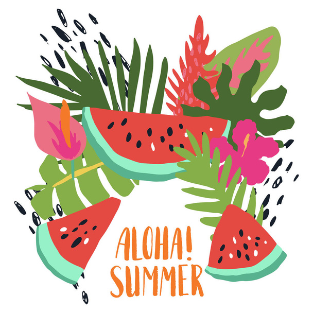 Minimal summer trendy vector illustration art in scandinavian style. Watermelon slice, exotic palm leaf, hibiscus, laceleaf, alpinia flower and dots. Handwritten lettering phrase Aloha Summer - Vettoriali, immagini