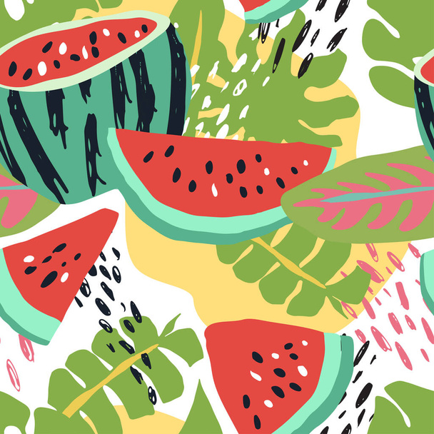 Minimal summer trendy vector tile seamless pattern in scandinavian style. Watermelon, palm leafs, abstract elements. Textile fabric swimwear graphic design for print. - Vektor, obrázek