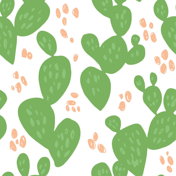 Minimal summer trendy vector tile seamless pattern in scandinavian style. Beaver tail cactus Opuntia Basilaris with abstract dots elements. Textile fabric wrapping graphic design for print. - Vettoriali, immagini