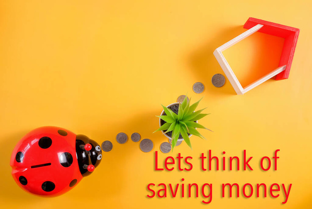 Ladybug spaarvarken bank omgeven door munten en mini-huis op gele achtergrond - Foto, afbeelding