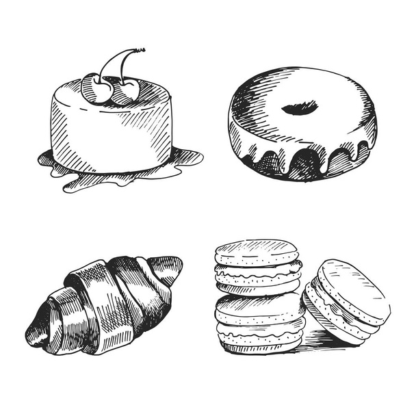 Ícones de confecção desenhados à mão para menu de alimentos com bolos, croissant, biscoitos, macaroons e donut. Vetor de comida rápida. Grande linha vintage desenho esboço para colorir livro, brochura ou folheto
  - Vetor, Imagem