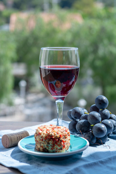 Ένα ποτήρι κρασί με κόκκινο κρασί σερβίρεται με κόκκινο σταφύλι και μαλακό κατσικίσιο τυρί στην εξωτερική βεράντα στην ηλιόλουστη καλοκαιρινή μέρα - Φωτογραφία, εικόνα