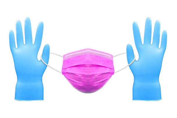 Врачебная маска и корона защиты от вирусов изолированы и медицинские перчатки на белом фоне, с вырезкой пути
 - Фото, изображение