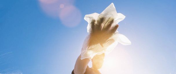 Уборщик окон моет окна моющей тканью в солнечный день
 - Фото, изображение