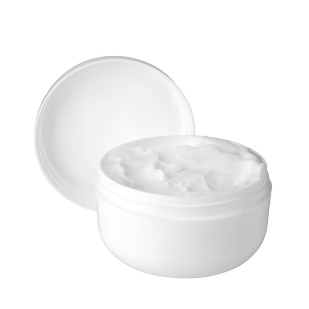 Open white cream jar on white background isolated close up, moisturizing hand, face or body cream plastic round bottle with open lid mock up, cosmetic container product design template, copy space - Photo, Image
