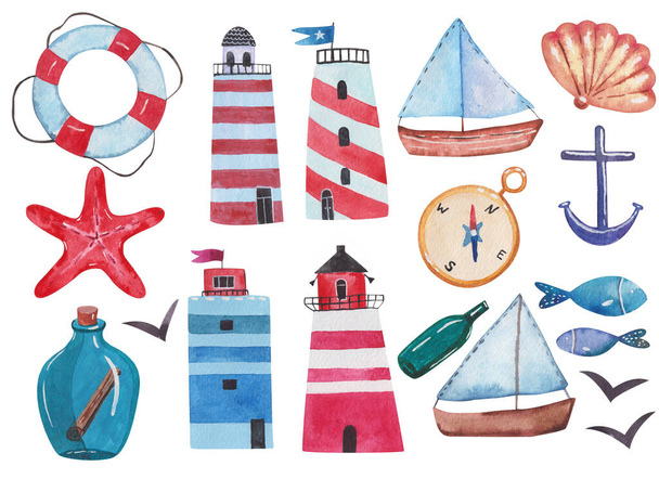 nautical collection lighthouses, lifebuoy, message bottle, fish watercolor illustration on white background - Photo, Image