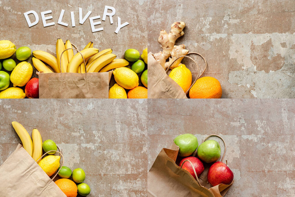 top view of word delivery near paper bag with colorful fresh fruits on beige weathered surface, collage - Photo, Image