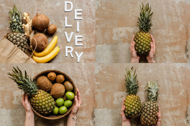 collage des mains féminines, fruits frais mûrs et livraison de mots sur une surface altérée - Photo, image