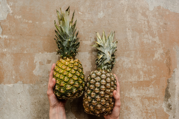 cropped view of woman holding ripe pineapples on weathered surface - 写真・画像