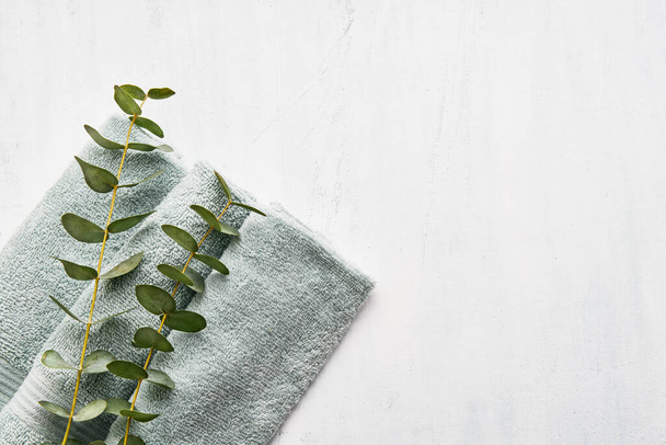 Rolled fluffy towel and green eucalyptus branch on white background. Minimalist scandinavian style. Hygiene, wellness well-being, body care concept. Copy space for text, top view - Photo, Image