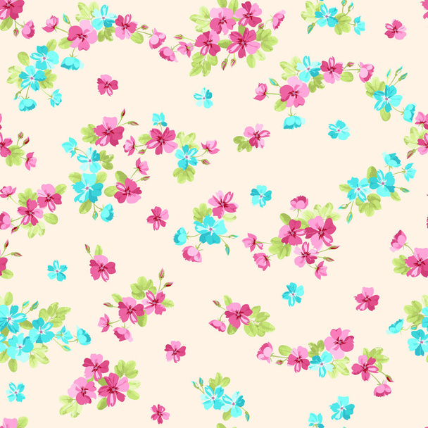 Complex multi-layered floral pattern in small flowers of dogroses. Trendy millefleurs. Elegant template for fashion prints. - Wektor, obraz