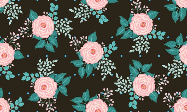 Seamless pattern in small cute flowers of antique roses and branches. Chabby chic millefleurs. Floral background for textile, wallpaper, covers, surface, print, gift wrap, scrapbooking, decoupage. - Вектор,изображение