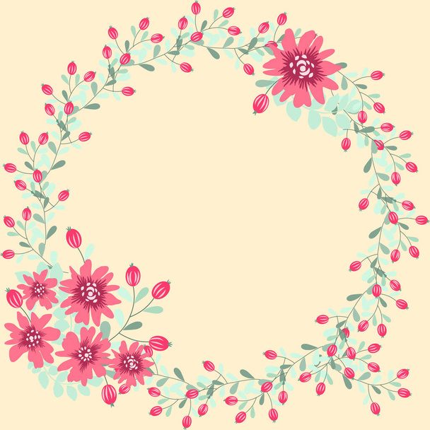 Floral round frame from cute ditsy flowers. Greeting card template. Design artwork for the poster, tee shirt, pillow, home decor. Summer wild flowers wreath. - Vector, afbeelding