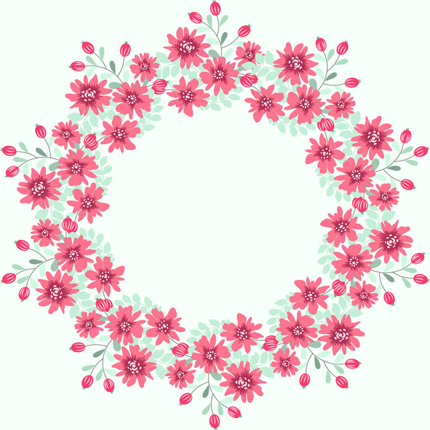 Floral round frame from cute ditsy flowers. Greeting card template. Design artwork for the poster, tee shirt, pillow, home decor. Summer wild flowers wreath. - Vektör, Görsel