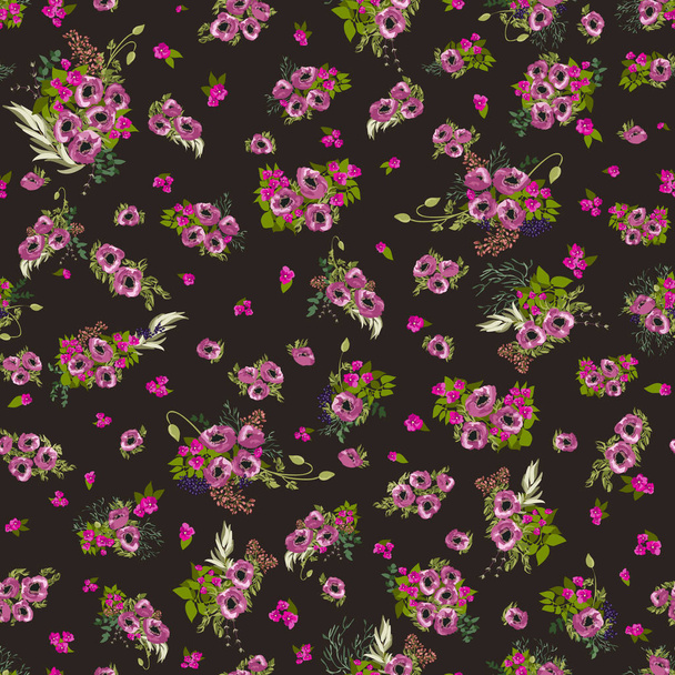 Seamless border in small pretty flowers. Poppy bouquets. Liberty style millefleurs. Floral background for textile, wallpaper, pattern fills, covers, surface, print, wrap, scrapbooking, decoupage. - Διάνυσμα, εικόνα