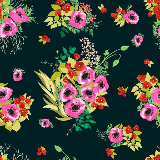 Seamless border in small pretty flowers. Poppy bouquets. Liberty style millefleurs. Floral background for textile, wallpaper, pattern fills, covers, surface, print, wrap, scrapbooking, decoupage. - Vektor, kép