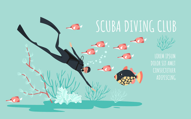 Scuba diving club modello banner vettoriale con subacqueo circondato da pesci, alghe e coralli. Illustrazione del fumetto in stile piatto
. - Vettoriali, immagini