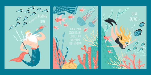 Set vector flyer of banner sjablonen voor een duikclub met een schattige duiker en een grappig sprookjesfiguur omringd door vis, algen en koraal. Cartoon illustratie in een platte stijl. - Vector, afbeelding