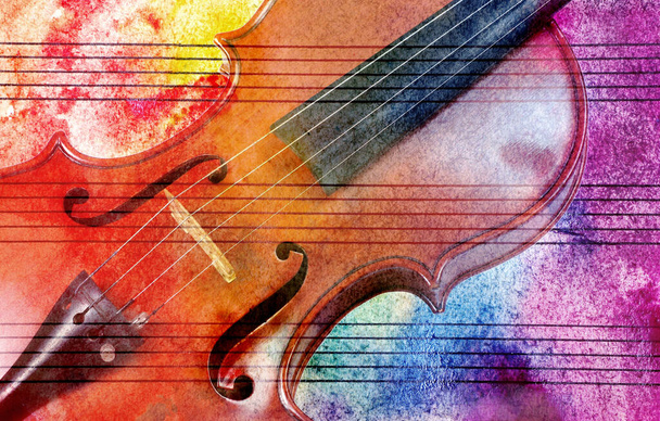 Fondo violín vintage. Concepto de melodía. Hoja de música antigua en colorida pintura acuarela y violín. Fondo de acuarela colorido abstracto. Colores del arco iris - Foto, imagen