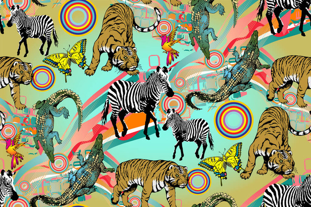 Krokodil, zebra és tigris mintája. Vektor illusztráció. Szövet, freskó, csomagolópapír és hasonlók készítésére alkalmas - Vektor, kép