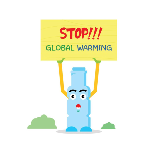 面白いボトルマスコットは、地球温暖化から世界を救うために招待します - ベクター画像
