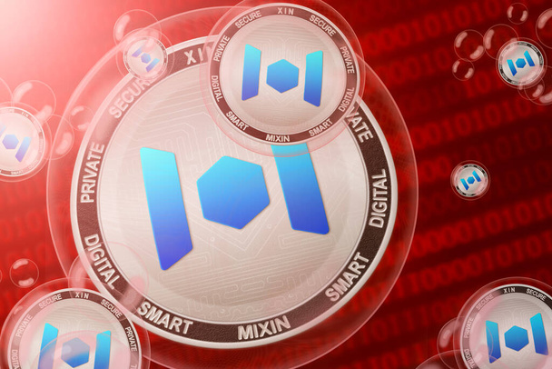 Mixin Crash; Mixin (XIN) Kryptowährungsmünzen in einer Blase auf dem Binärcode-Hintergrund. Nahaufnahme - Foto, Bild