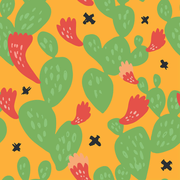 Minimal summer trendy vector tile seamless pattern in scandinavian style. Beaver tail cactus Opuntia Basilaris with flowers and abstract dots elements. Textile fabric wrapping graphic design for print - Vetor, Imagem