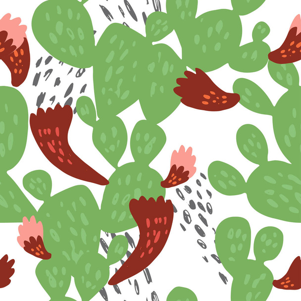 Minimal summer trendy vector tile seamless pattern in scandinavian style. Beaver tail cactus Opuntia Basilaris with flowers and abstract dots elements. Textile fabric wrapping graphic design for print - Вектор,изображение